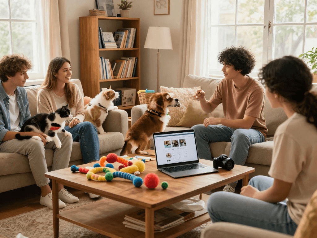 Community of pet owners at https://www.bijousbill.com sharing care tips in a cozy living room