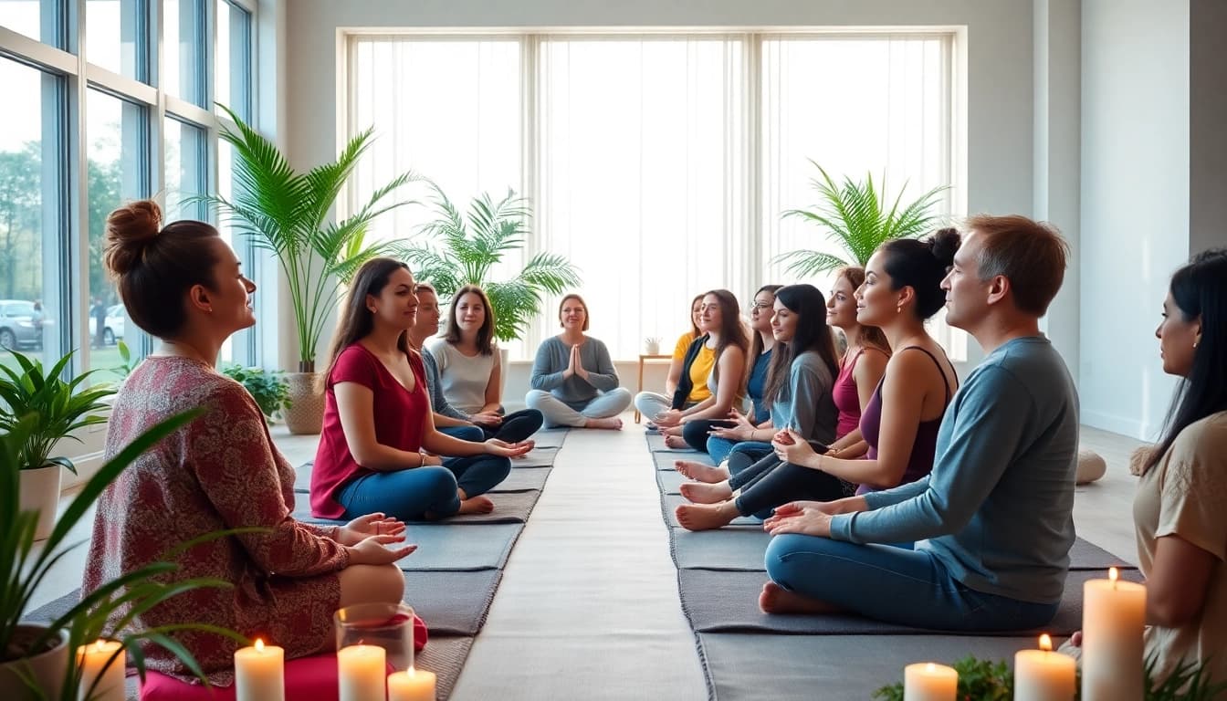 Teilnehmer bei Spirituelle Seminare in entspannter Atmosphäre mit Meditation und Dialog.