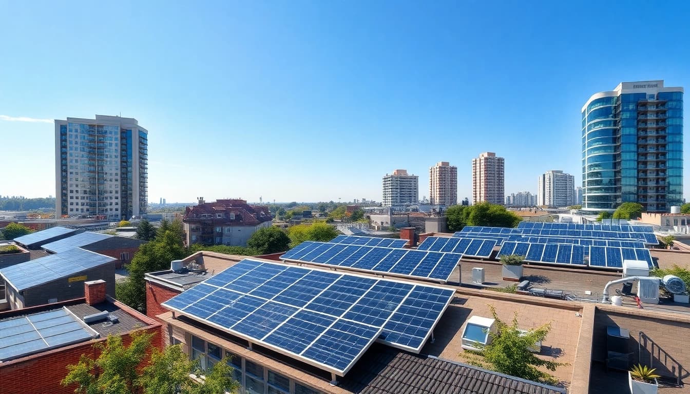 Install a high-efficiency Pv anlagen wien on rooftops under a clear blue sky.
