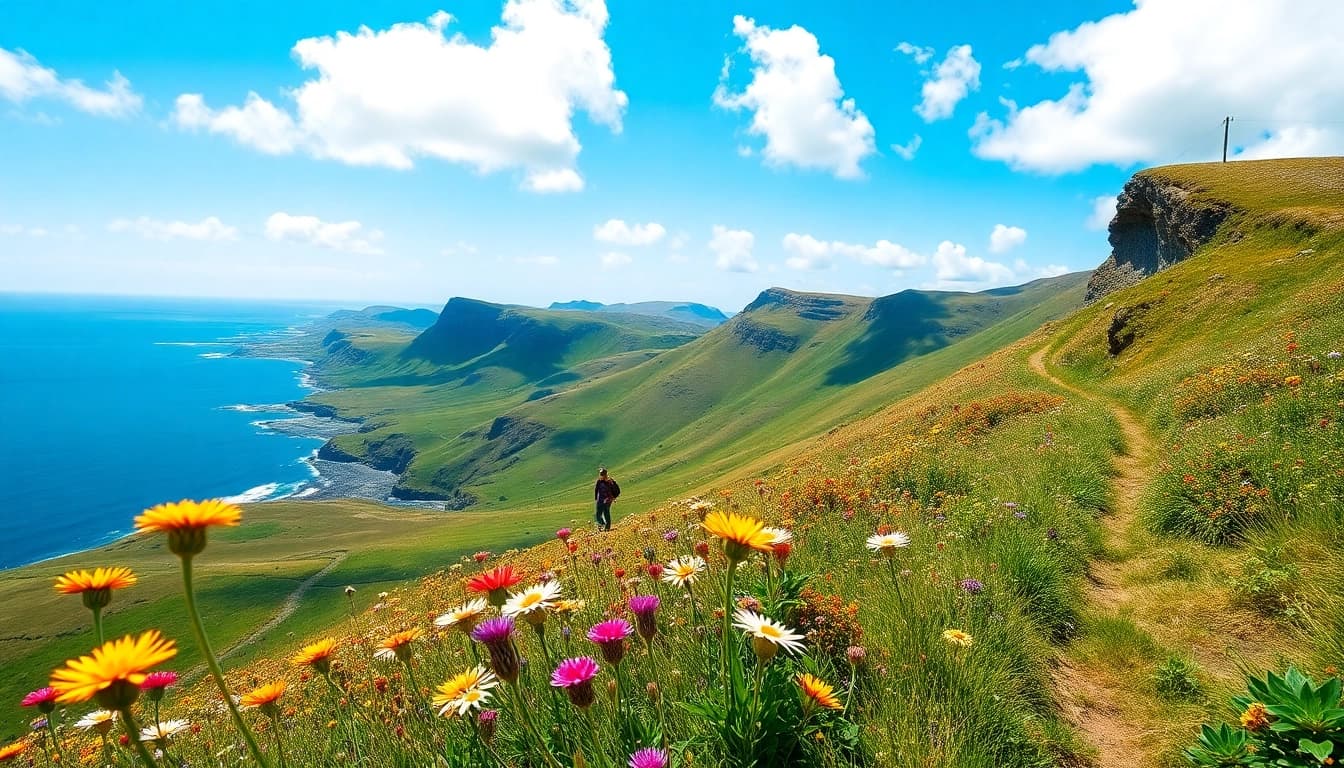 Wanderer auf der Dingle Way Irland, umgeben von wildwachsenden Blumen und beeindruckenden Klippen.