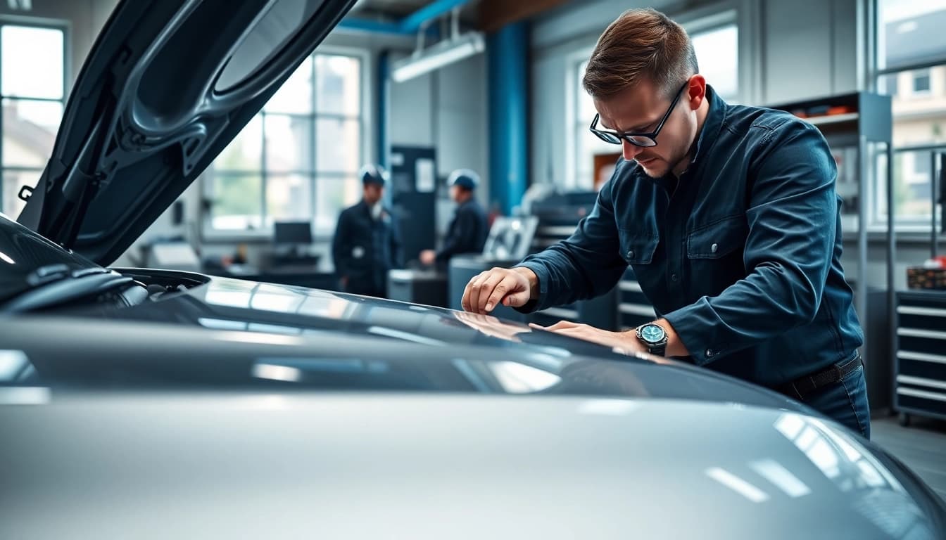 BMW Spezialist überprüft einen BMW in einer modernen Garage mit professionellem Werkzeug.