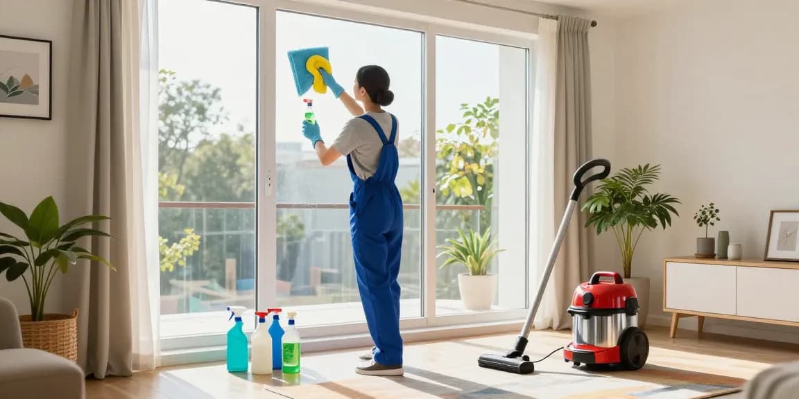 Cleaner demonstrating expertise at putzinstitut bern by creating a sparkling clean window in a bright, modern apartment.