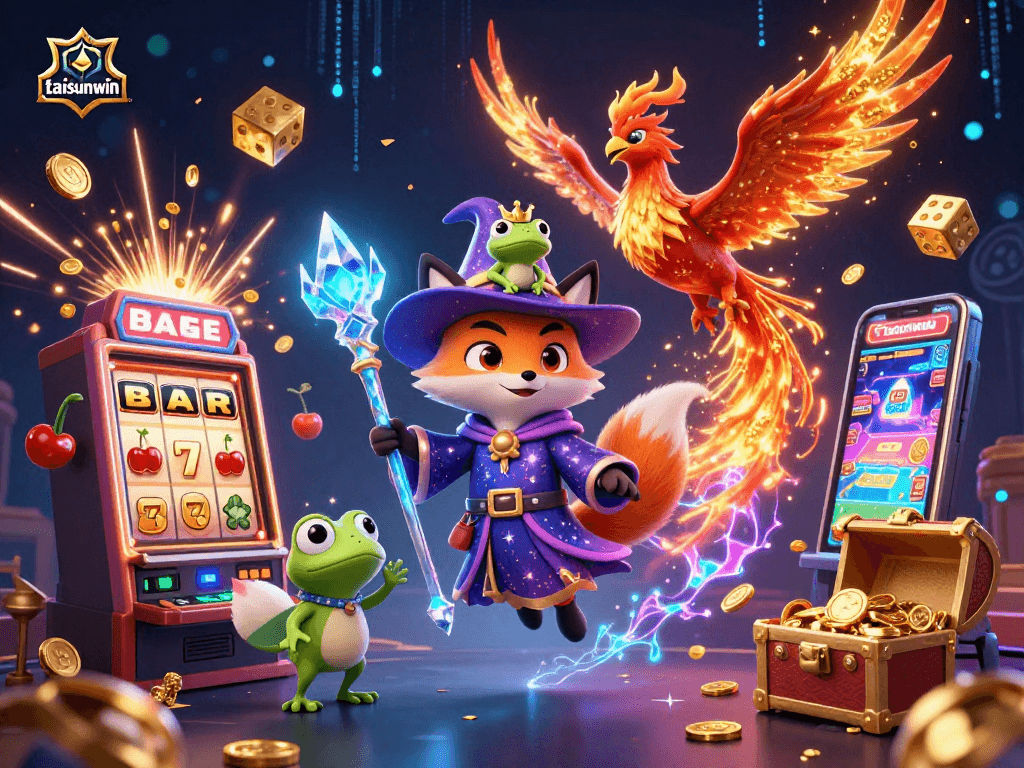 Taisunwin promotes engaging casino gaming with illustrated characters in an exciting 3D scene.