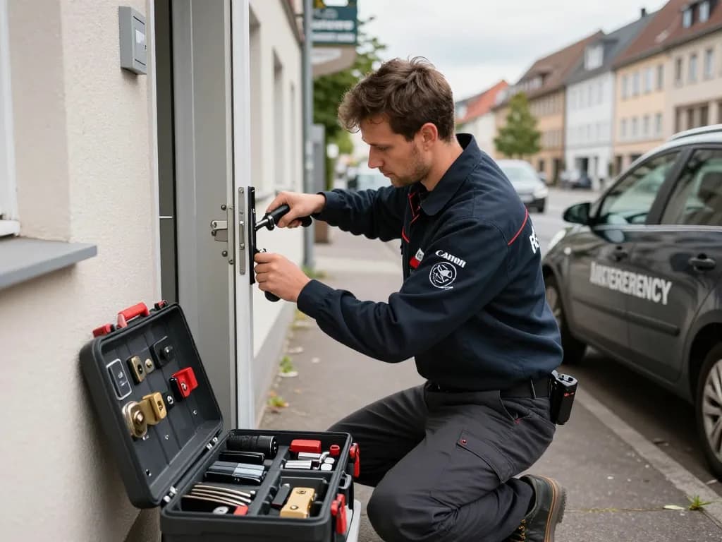Zuverlässiger Schlüsseldienst Rastatt Techniker, der mit Expertenwerkzeugen eine Tür in urbaner Umgebung öffnet.