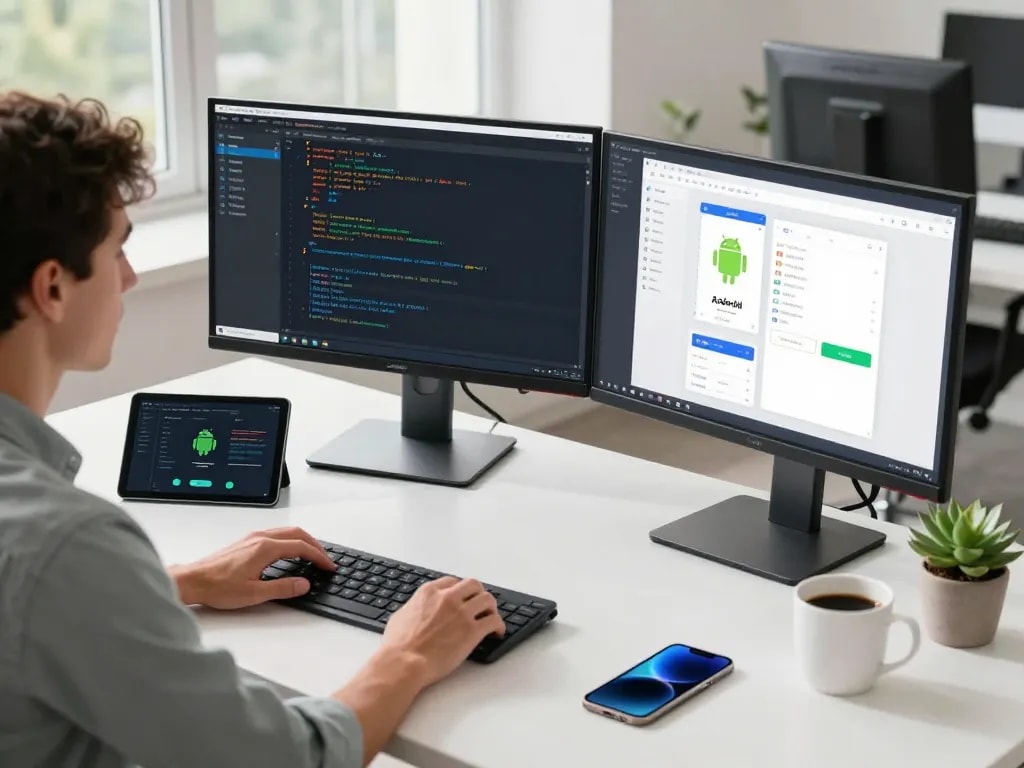 Developer in a modern tech workspace analyzing Android app development with dailyvia tools and gadgets.