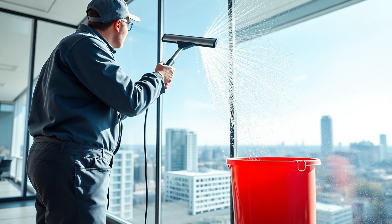 Fensterreinigung Berlin mit einem Techniker, der ein großes Fenster in einem modernen Gebäude reinigt.