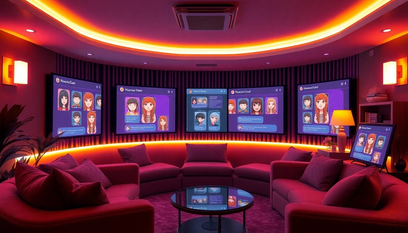Engaging NSFW chat room setup with digital avatars and soft lighting.