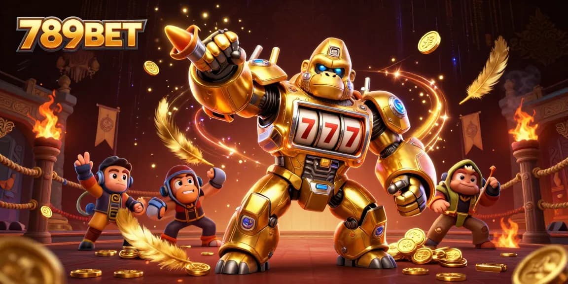 Experience the thrill of 789BET with a dynamic scene of a golden mech and captivating game elements.