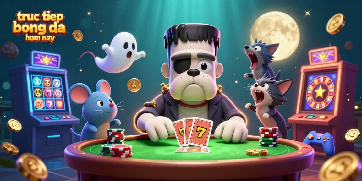 Experience truc tiep bong da hom nay with a vibrant casino theme featuring a cartoon bulldog dealer, ghost mouse, and werewolf kitten.