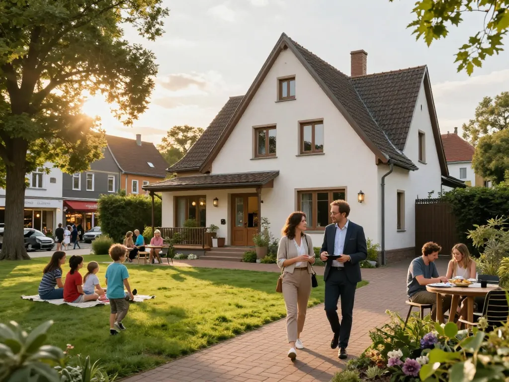 Immobilienmakler Frankfurt Eschersheim führt Kunden durch eine charmante Immobilie in einer grünen Gemeinschaftslandschaft.