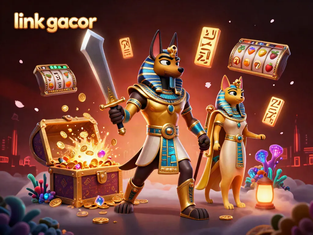 Engage with the exciting link gacor scene featuring Anubis and Bastet among overflowing treasures in a casino setting.