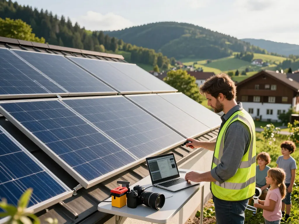 Photovoltaik Bayern - Ingenieur inspiziert Solarpanels auf einem bayerischen Dach und fördert nachhaltige Energielösungen.