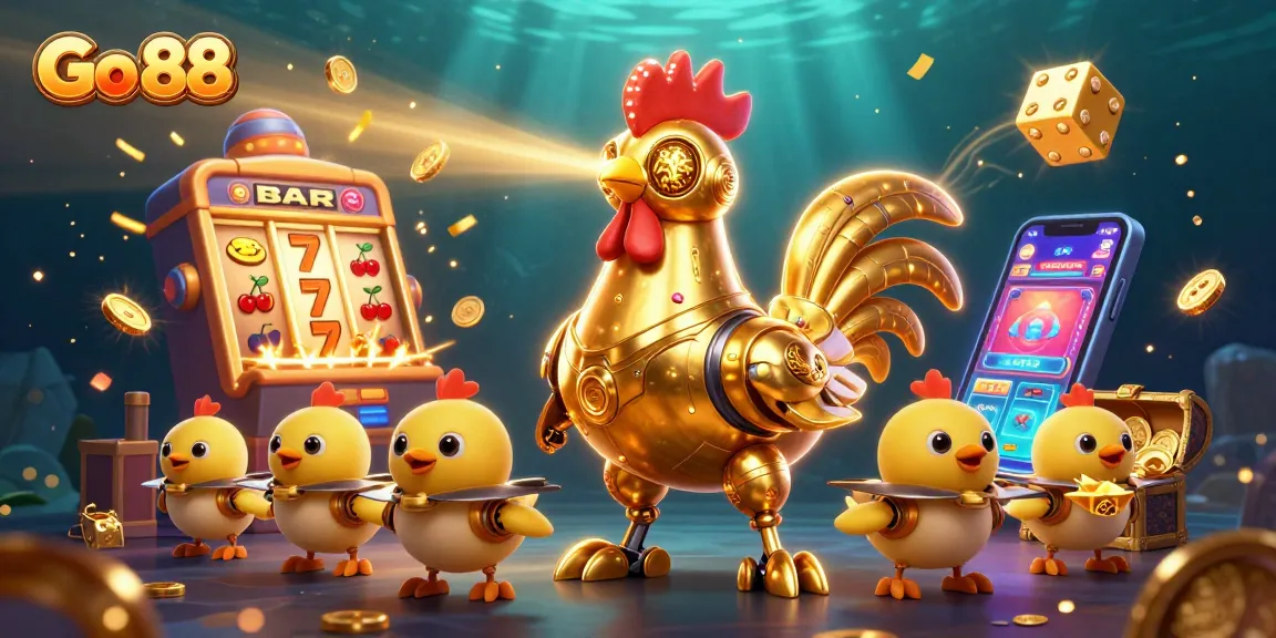 Engage in excitement with Go 88's golden rooster robot and baby chick drones amidst a jackpot explosion.