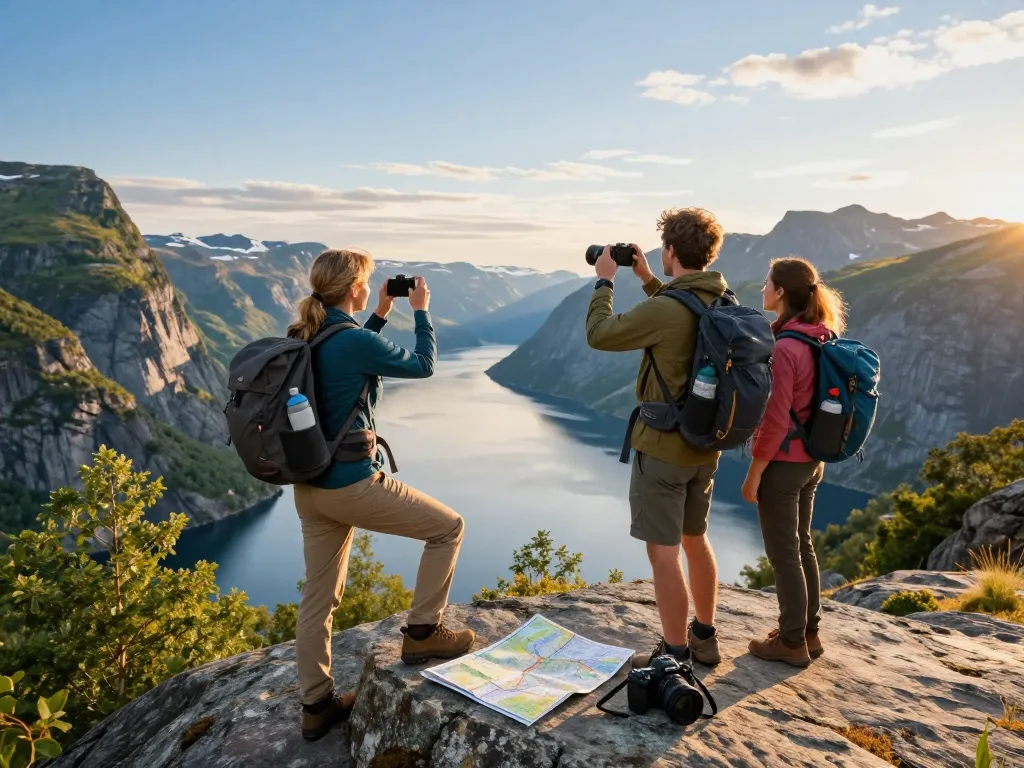 Reisende genießen Urlaub in Skandinavien bei einem atemberaubenden Fjord-Sonnenuntergang und halten Abenteuer-Momente fest.