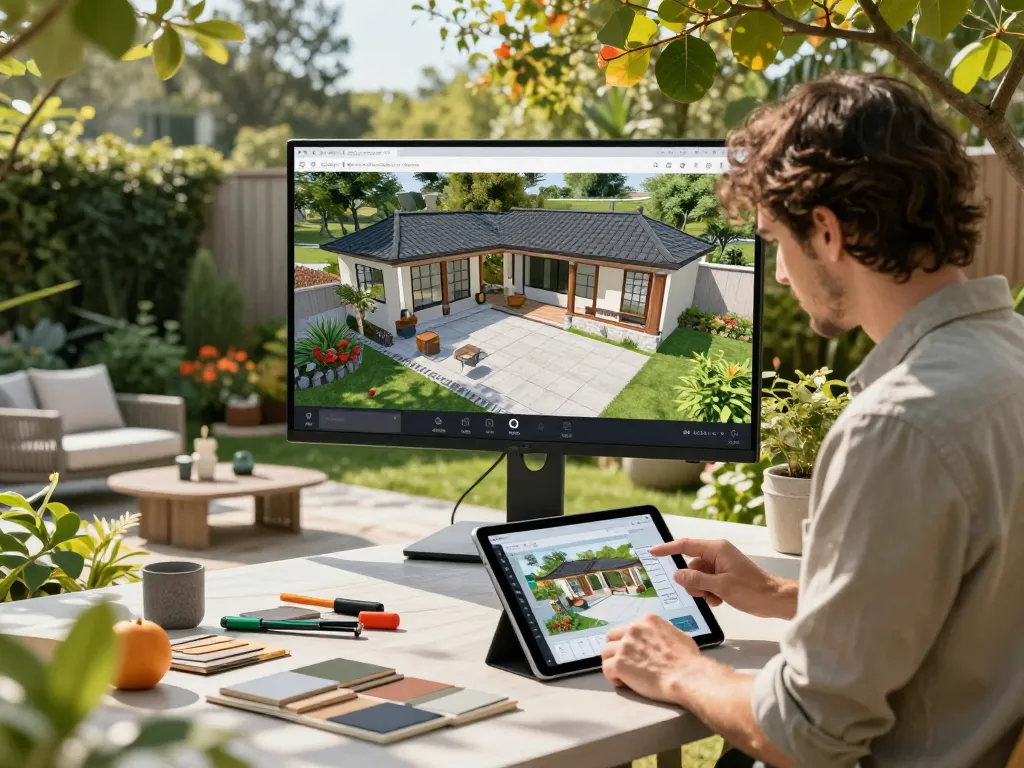 Designer, der einen Veranda 3D Konfigurator im Freien anpasst und lebendige Gartenelemente sowie Echtzeit-Modellanpassungen zeigt.