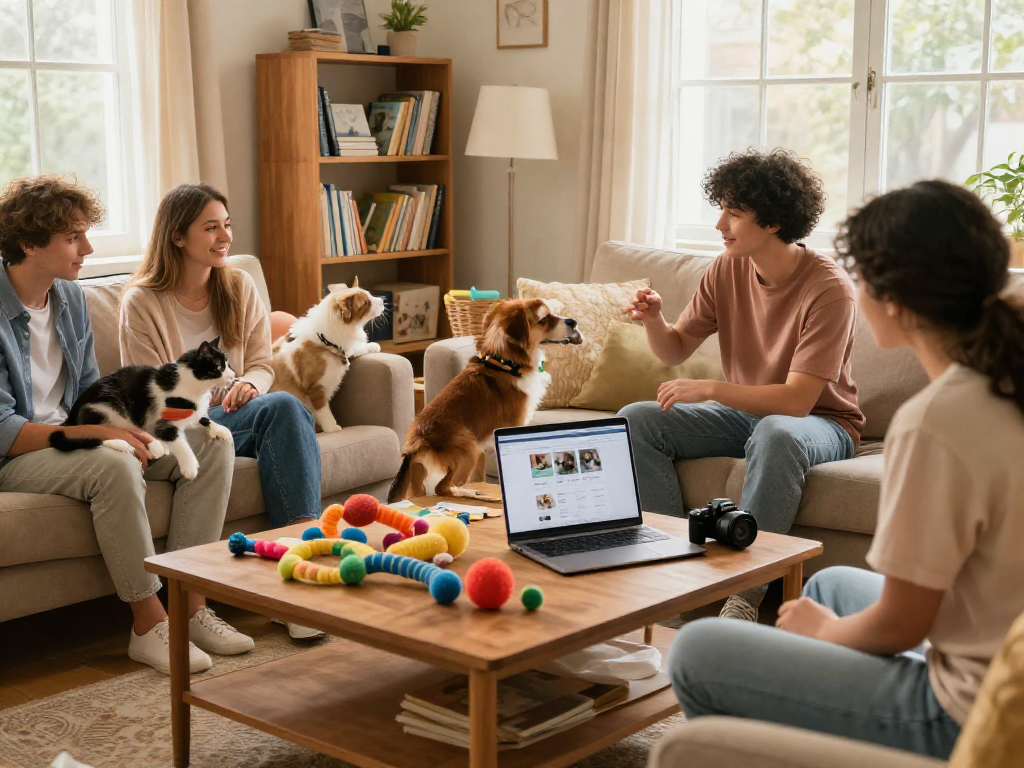 Community of pet owners at https://www.bijousbill.com sharing care tips in a cozy living room