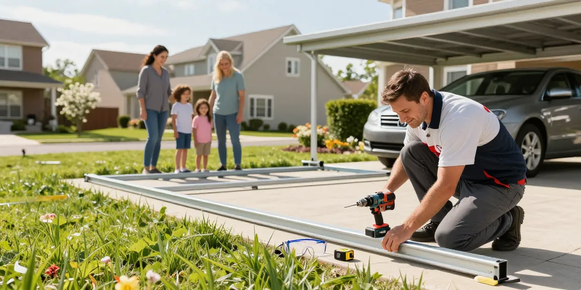 Die Installation eines Carports in einem sonnigen Vorort mit einem glücklichen Familienblick.