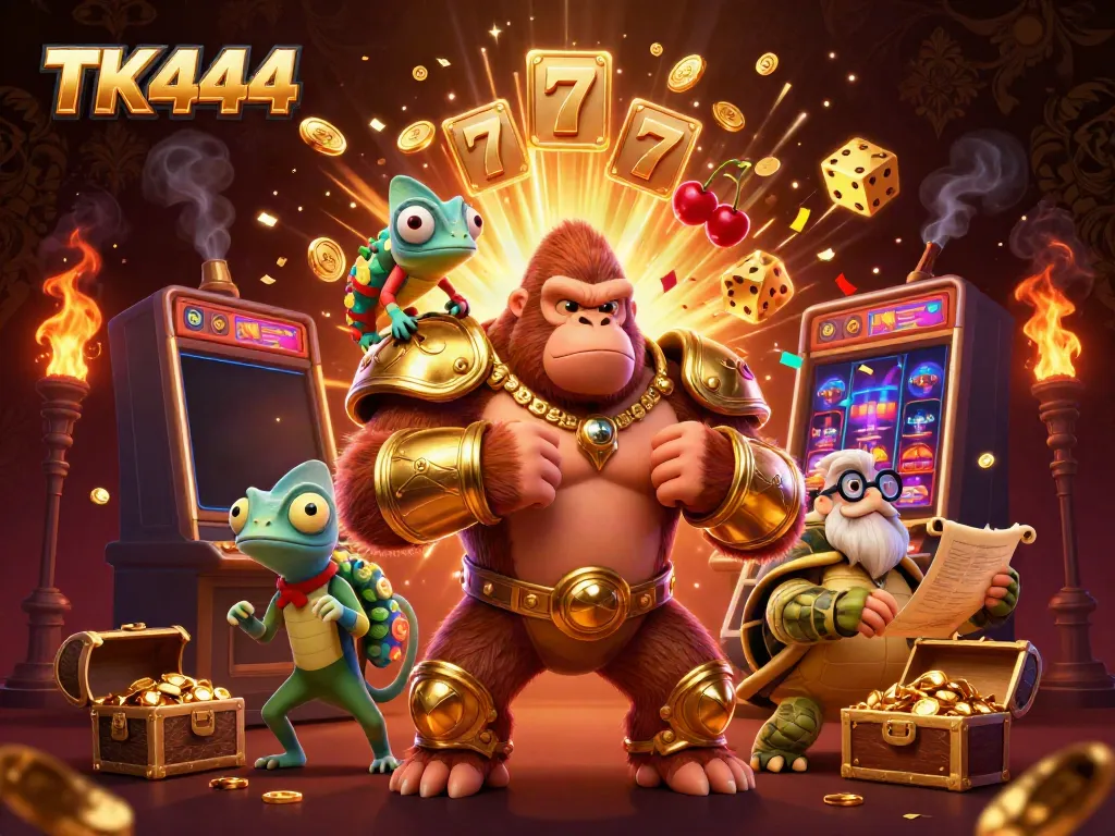 Win big at TK444 with a dynamic casino scene featuring a gorilla king, chameleon, and tortoise, exciting gaming elements.