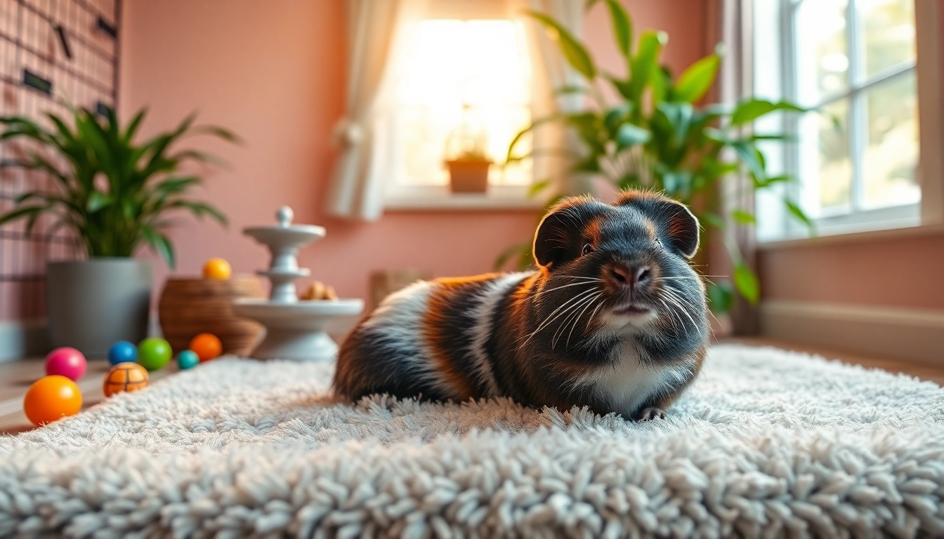 Nagermatte in einem gemütlichen Gehege für Haustiere mit bunten Spielzeugen und einem glücklichen Meerschweinchen.