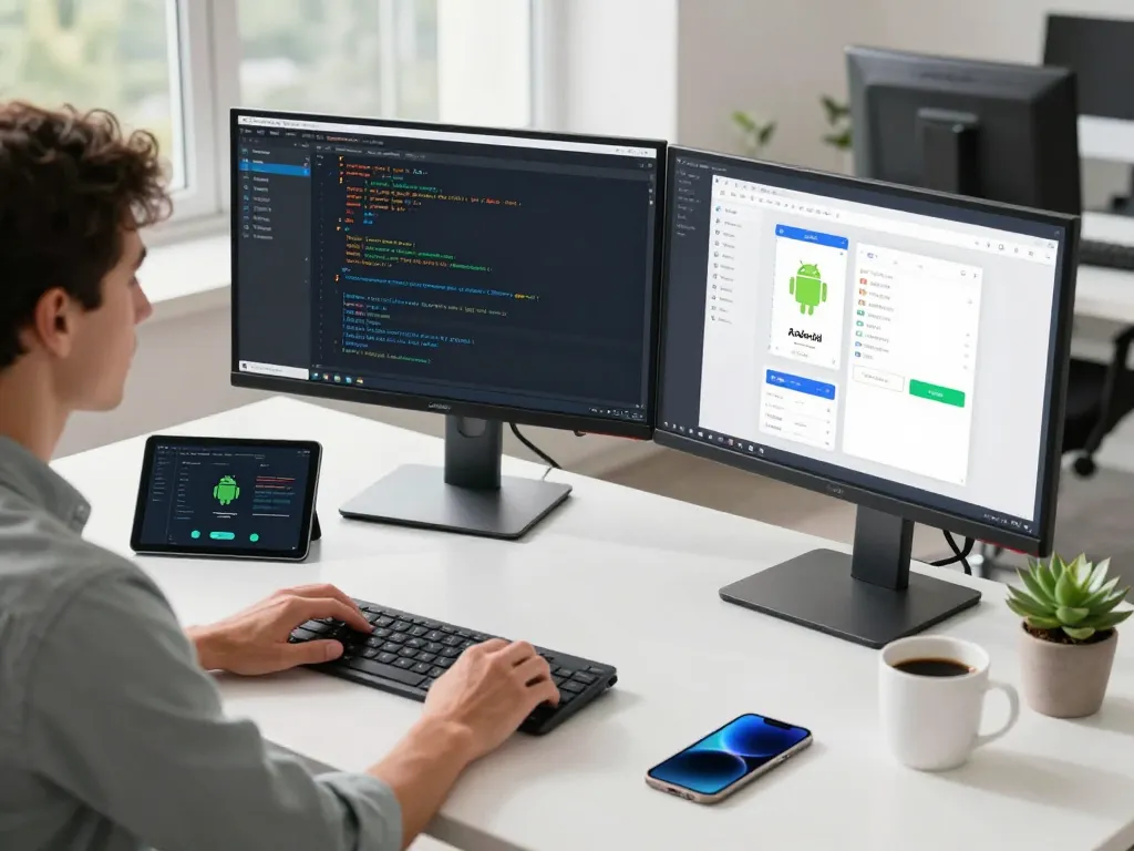 Developer in a modern tech workspace analyzing Android app development with dailyvia tools and gadgets.