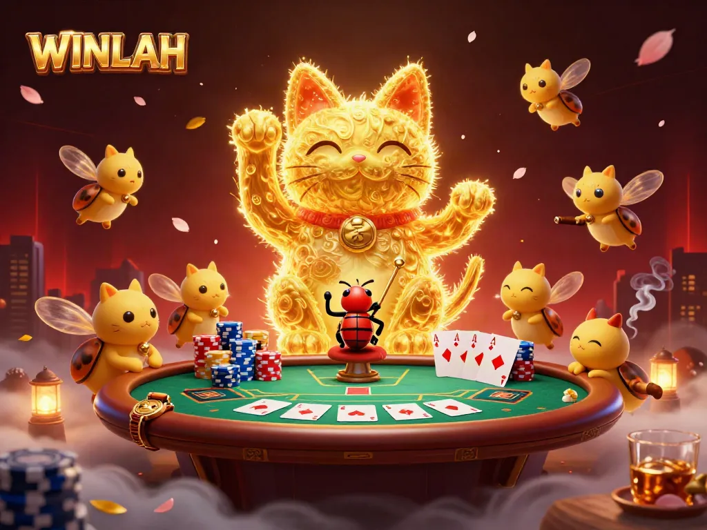 WINLAH features a giant lucky cat made of fireflies celebrating casino wins with poker elements.
