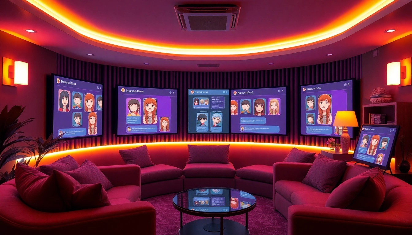 Engaging NSFW chat room setup with digital avatars and soft lighting.