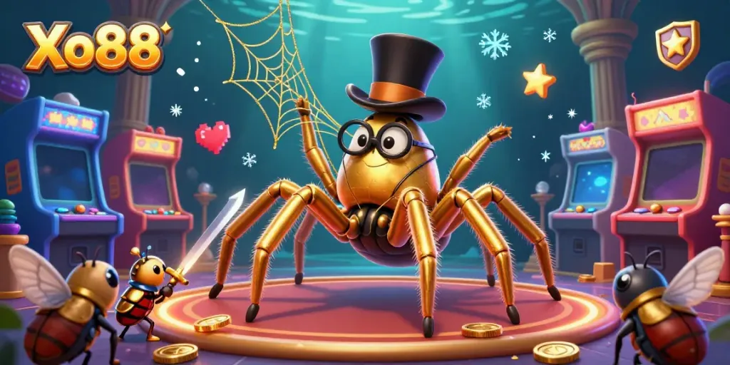 Xo88 brings vibrant gaming to life with a golden tarantula and beetle knight in a rich casino scene.