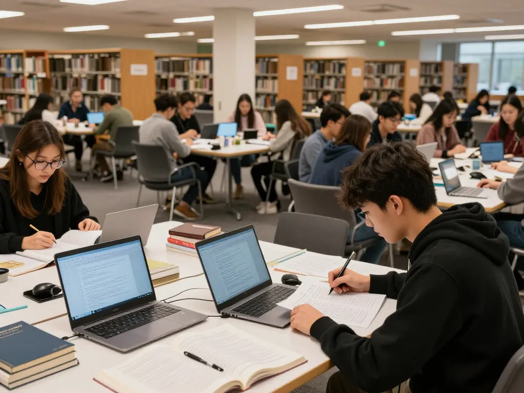 Engaged student analyzing text with KI Detektor Uni on laptop in a university library