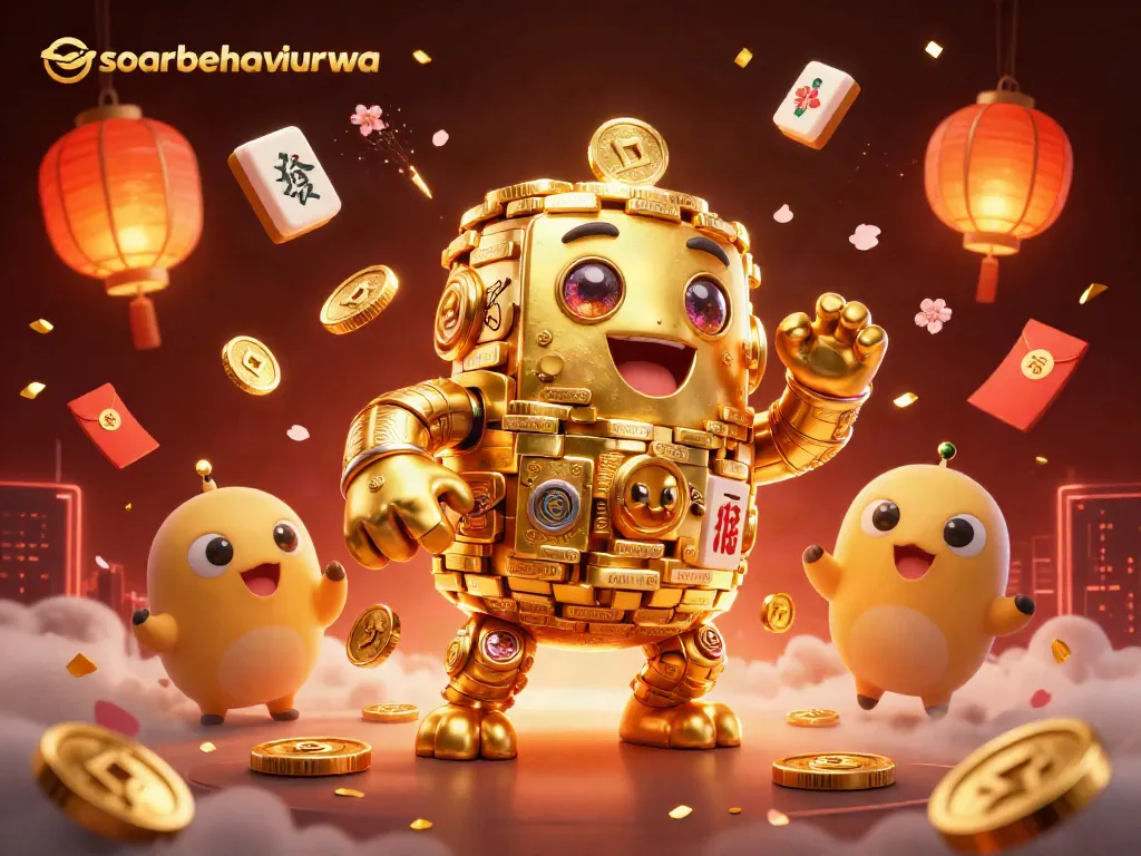Spin the reels at soarbehaviorwa with a vibrant golden golem surrounded by lucky symbols and festive elements.