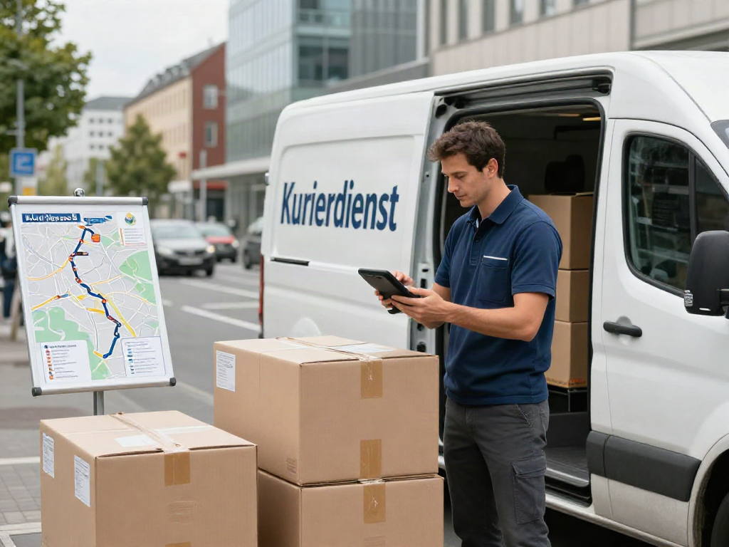 Kurierdienst in Stuttgart - Paketzustellung durch Fahrer vor modernem Stadtbild