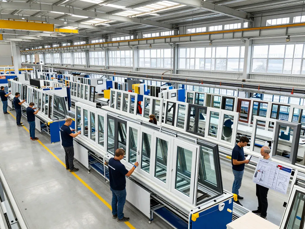 Arbeiter, die hochleistungsfähige Fensterbauprodukte in einem modernen Fabriksetting im Jahr 2026 montieren.