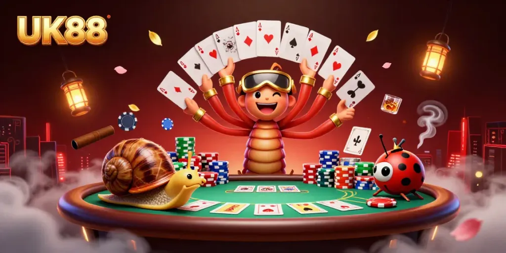 Experience the colorful excitement of UK88 with a dynamic cartoon casino scene full of lively characters and cards.
