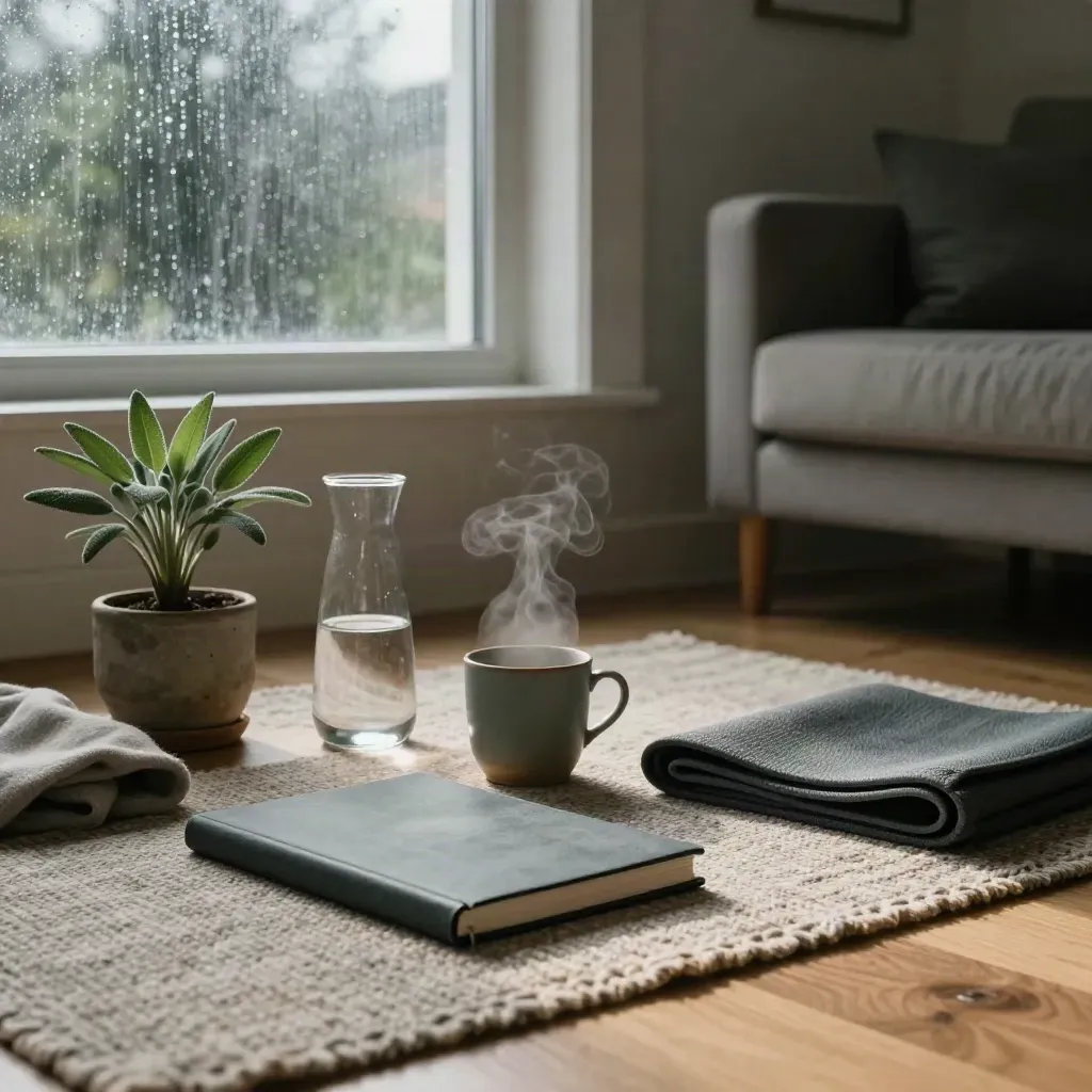 Habit-Planungs-Set mit Journal, Becher, Karaffe, Pflanze, Decke und Matte im Regenlicht.