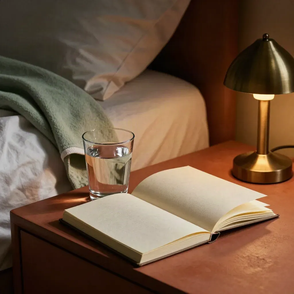Nachttisch mit Wasserglas, Schlafjournal, Decke und Lampe an ruhiger Bettkante.