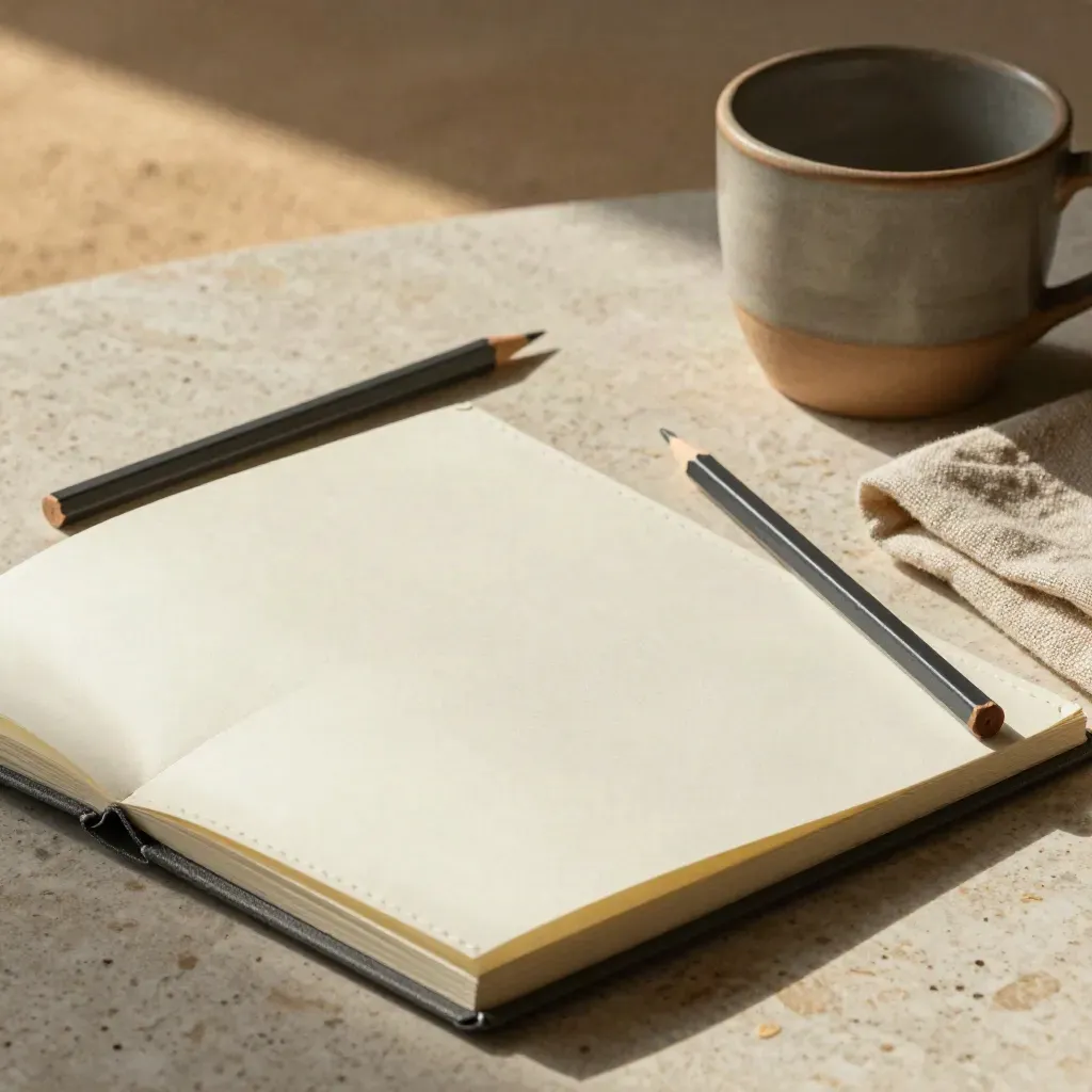 Journal, zwei Bleistifte, Tonbecher und Leinentuch auf Travertin im sanften Licht.