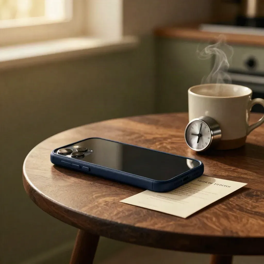 Smartphone, Küchentimer, Karte und Tasse auf rundem Holztisch im warmen Seitenlicht.