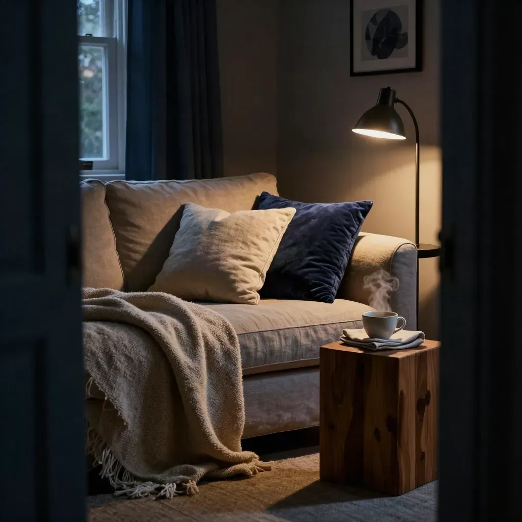 Abendliches Sofa mit Leselampe, dampfendem Tee, Decke und Kissen in dunkler Zimmerecke