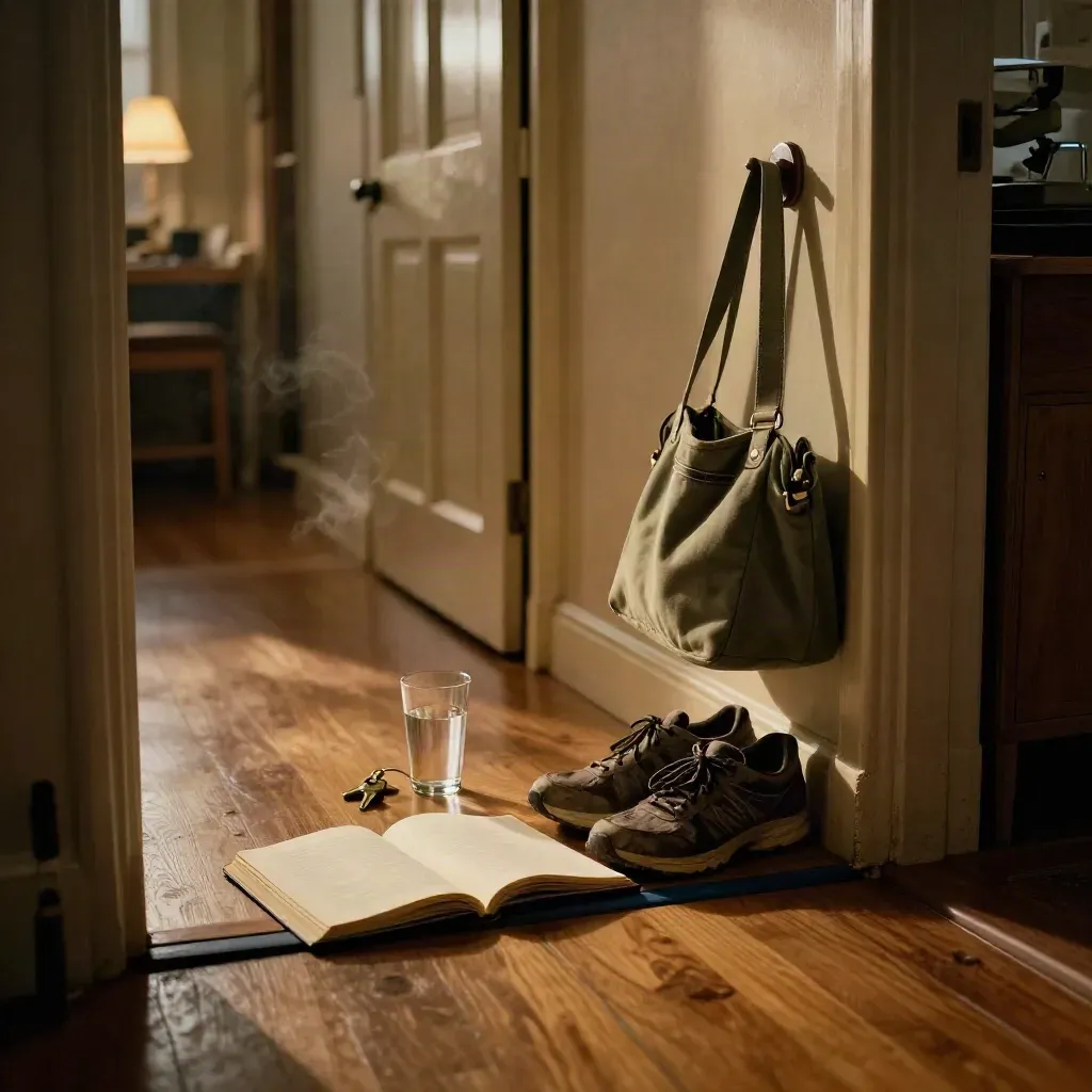 Offenes Journal, Wasserglas, Schlüssel, Laufschuhe und Tasche im Flur bei Morgenlicht.