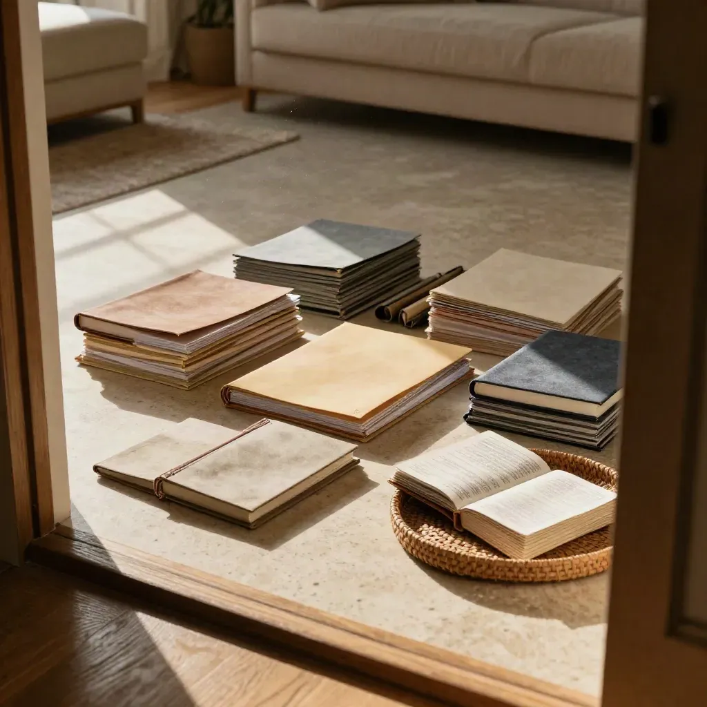 Vier Planungsstapel, Journals und Monatskarten auf hellem Wohnzimmerboden.
