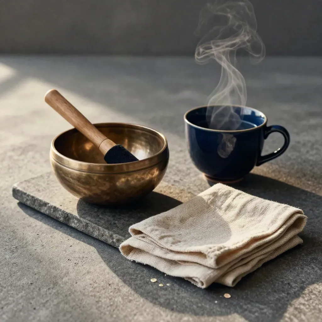 Klangschale, Klöppel, Teetasse und Leinen auf Steintray mit sanftem Dampf.