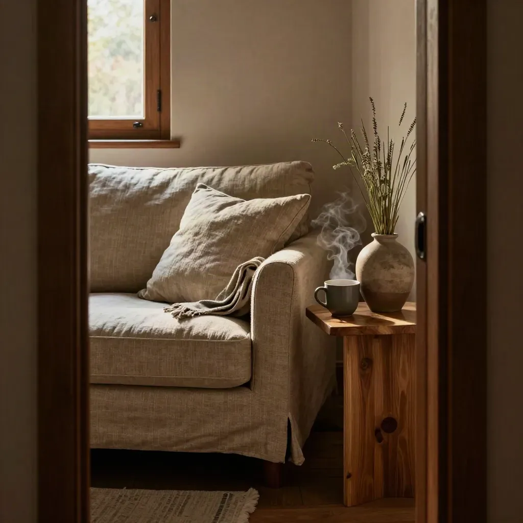 Gemütliche Sofaecke mit Kissen, Decke, Gräsern und dampfender Tasse im Abendlicht.