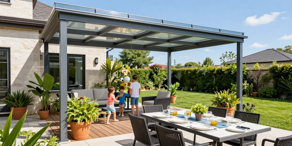 Terrassenüberdachungen in einem modernen Garten mit Familie, die einen sonnigen Tag genießen.