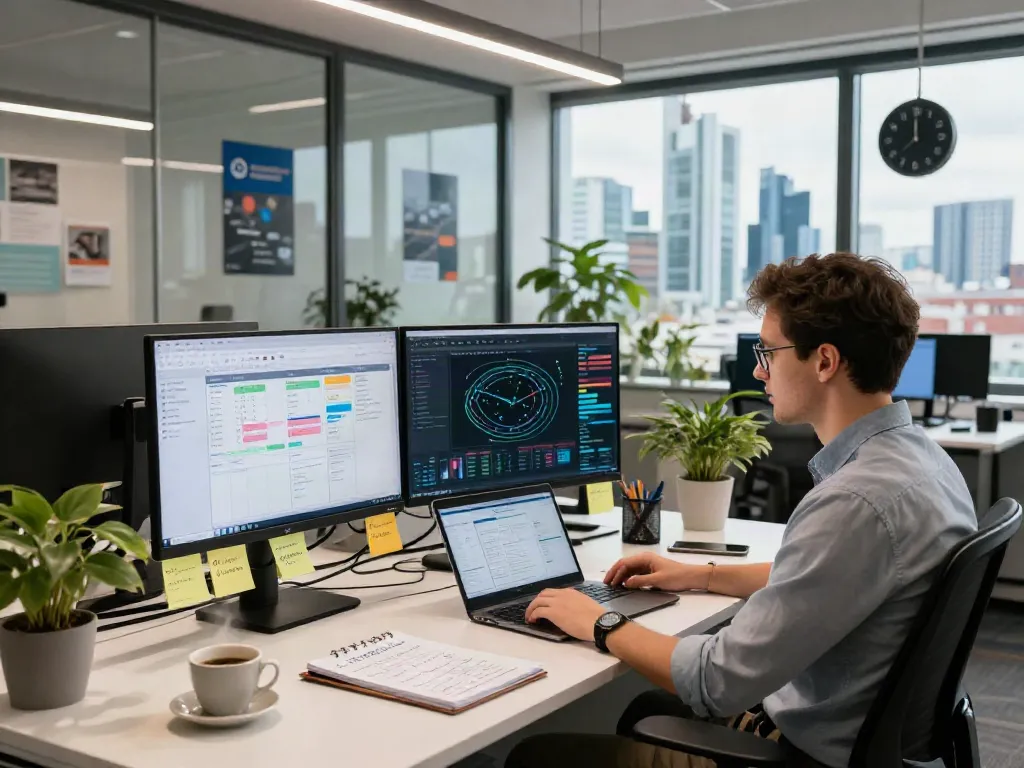 IT Dienstleister Frankfurt: IT-Experte arbeitet an einem modernen Schreibtisch mit Netzwerkmanagement-Software.
