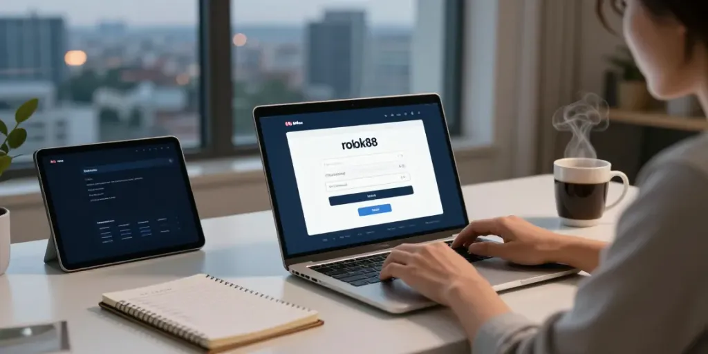 Engaging in the rokok88 login process at a modern home office, showcasing digital banking.
