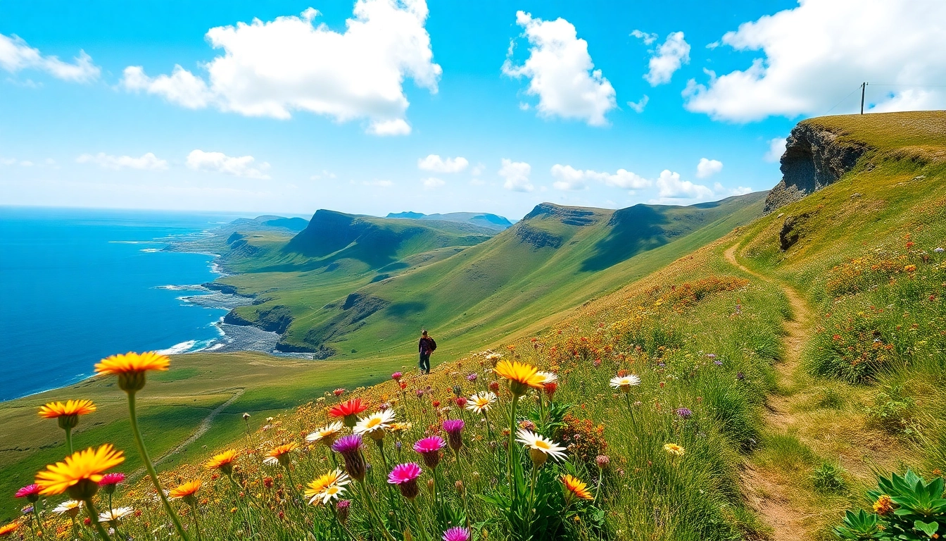 Wanderer auf der Dingle Way Irland, umgeben von wildwachsenden Blumen und beeindruckenden Klippen.