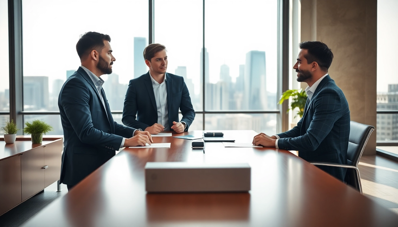 Headhunter Ingenieure im Gespräch mit einem Ingenieur in einem modernen Büro, strahlt Professionalität aus.