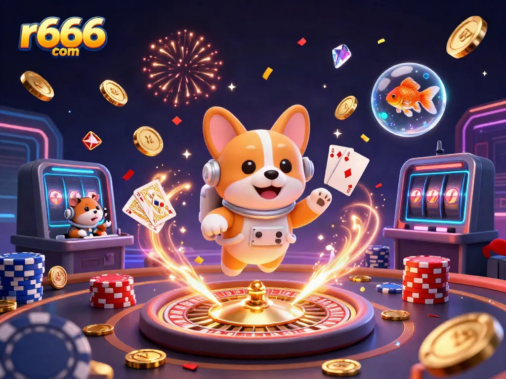 Spin and win at r666 com in this vibrant casino scene with floating coins and playful characters.