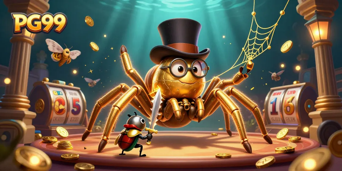 PG99 features a golden tarantula weaving a web of riches, showcasing casino excitement.