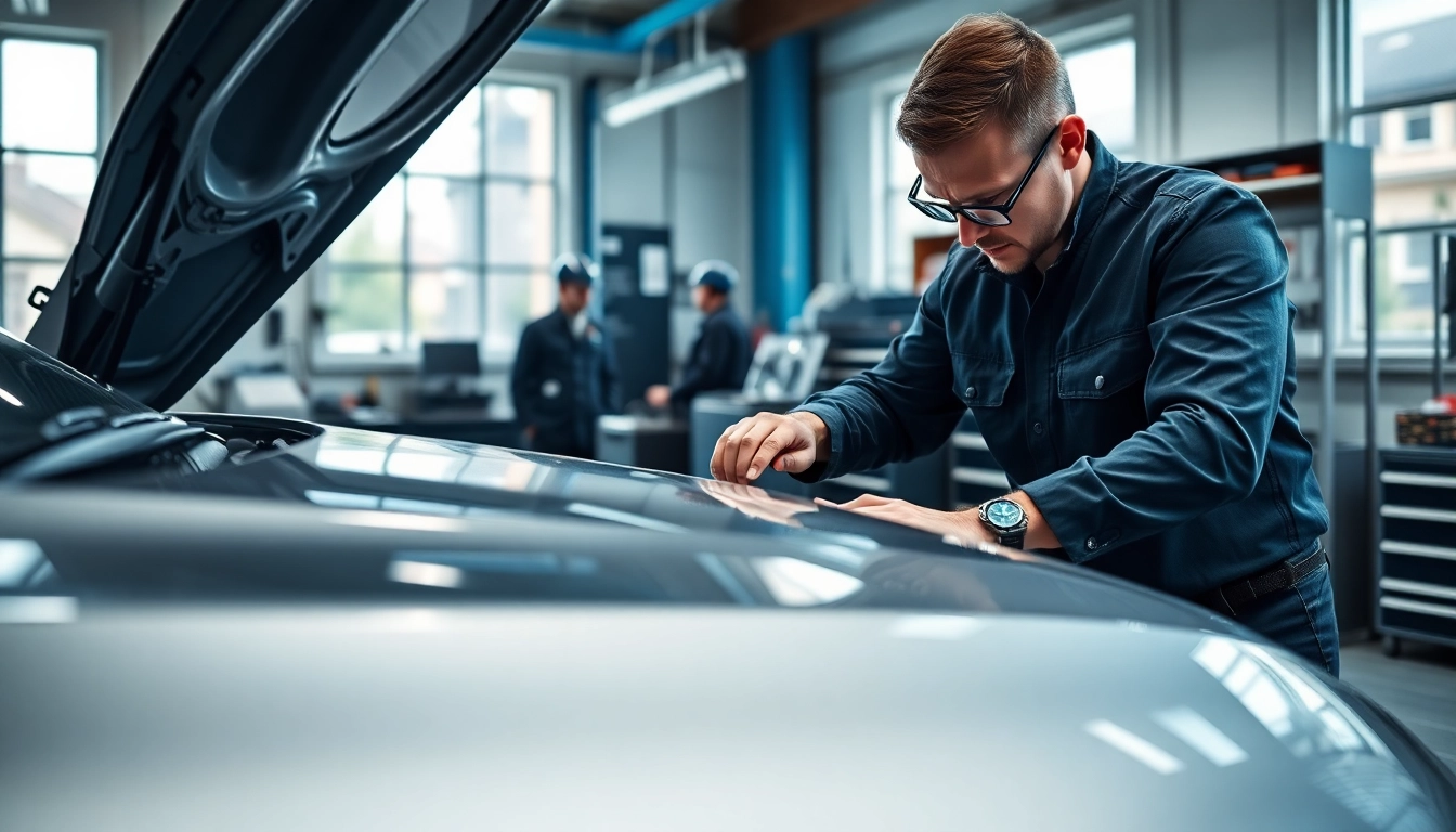 BMW Spezialist überprüft einen BMW in einer modernen Garage mit professionellem Werkzeug.