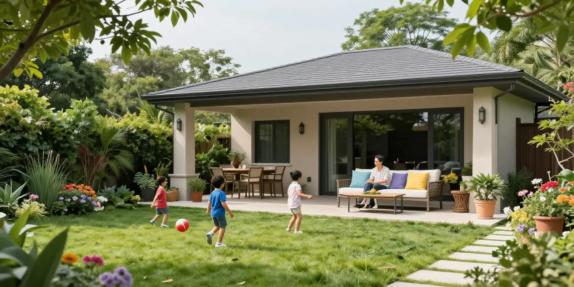 Moderne freistehende Terrassenüberdachung in einem schönen Garten mit Familie, die die Zeit im Freien genießen.